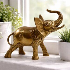 Vintage Brass Elephant Figurine with Raised Trunk for Good Luck Decor